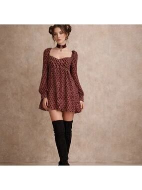Wayf Wine Red Patterned Long-Sleeve Mini Dress